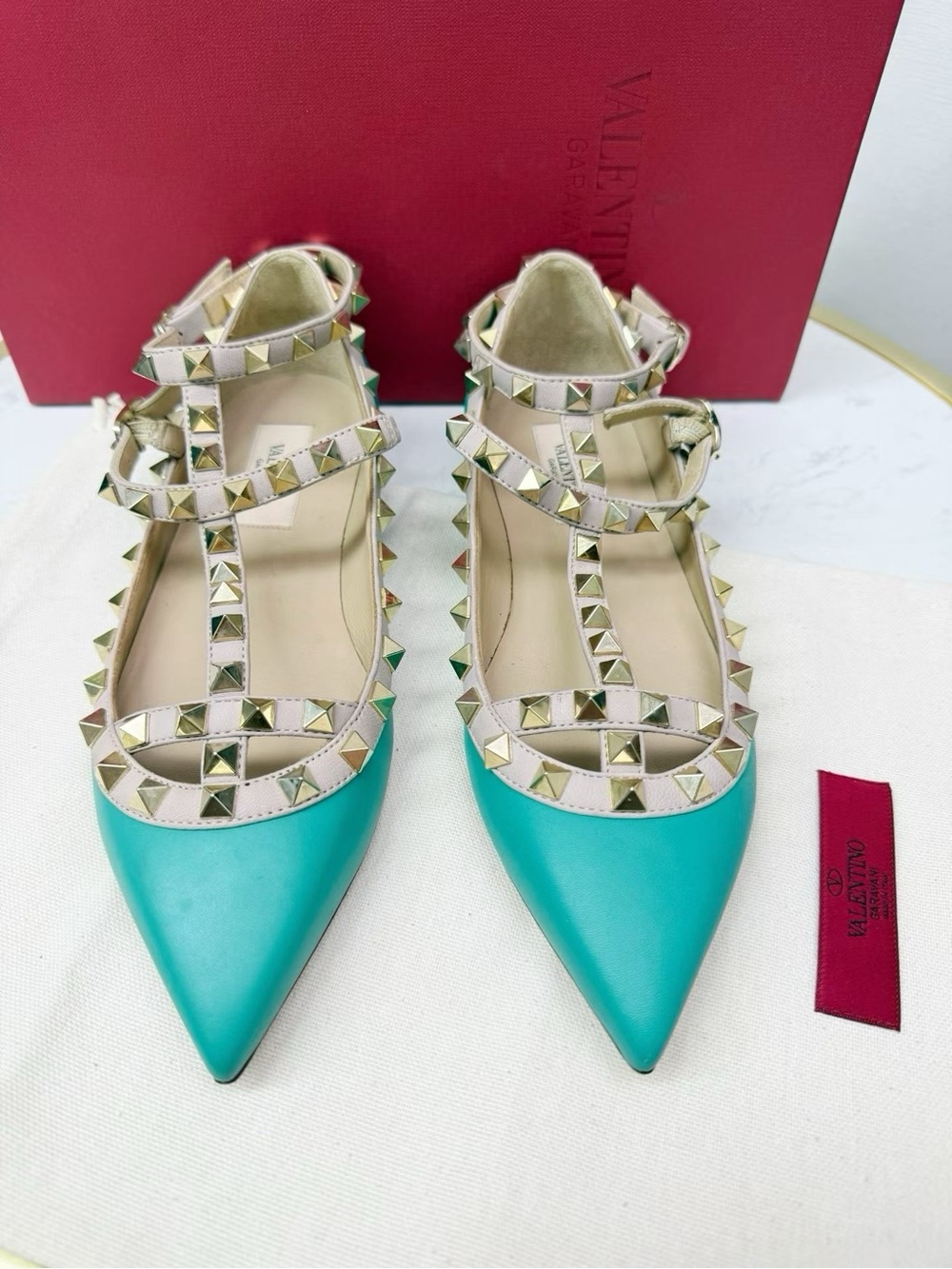 Valentino Garavani Turquoise Pointed Rockstud Flats with Beige Straps